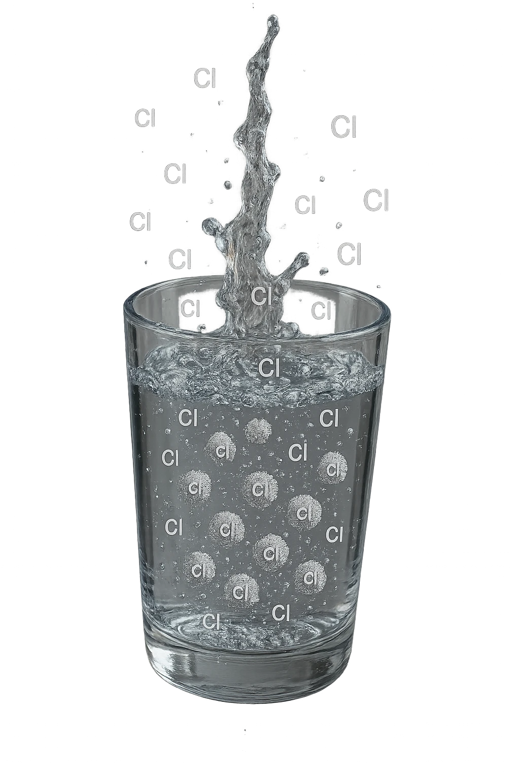 un bicchiere di acqua cade verticalmente dall'alto realistico e dettagliato, dentro l'acqua del bicchiere ci sono particelle di cloro ben visibili con la scritta "Cl" sopra, ci sono particelle anche che escono dal bicchiere e fluttuano in aria verticalmente, mentre alcune sono all'interno dell'acqua nel bicchiere, iperrealistico 4k emoji