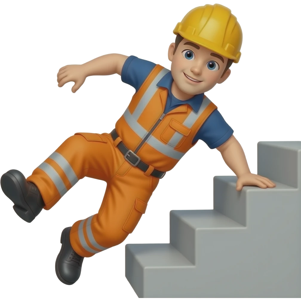engineer in full orange hi-vis overalls falling down stairs emoji