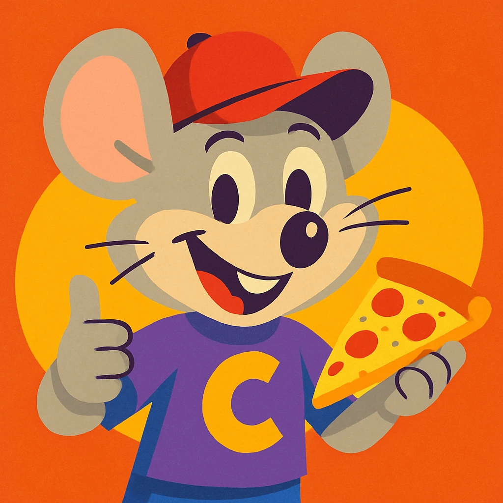 Chucky Cheese inspired character, cartoon mouse mascot, red hat, friendly smile, pizza theme, vibrant colors, cartoon style emoji