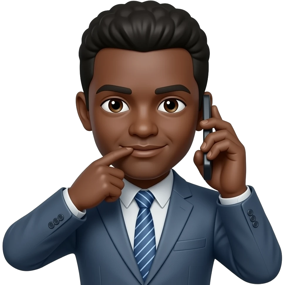 A black serious face with the first and second finger held up to the right ear and the tumb held on the lips like a phone emoji
