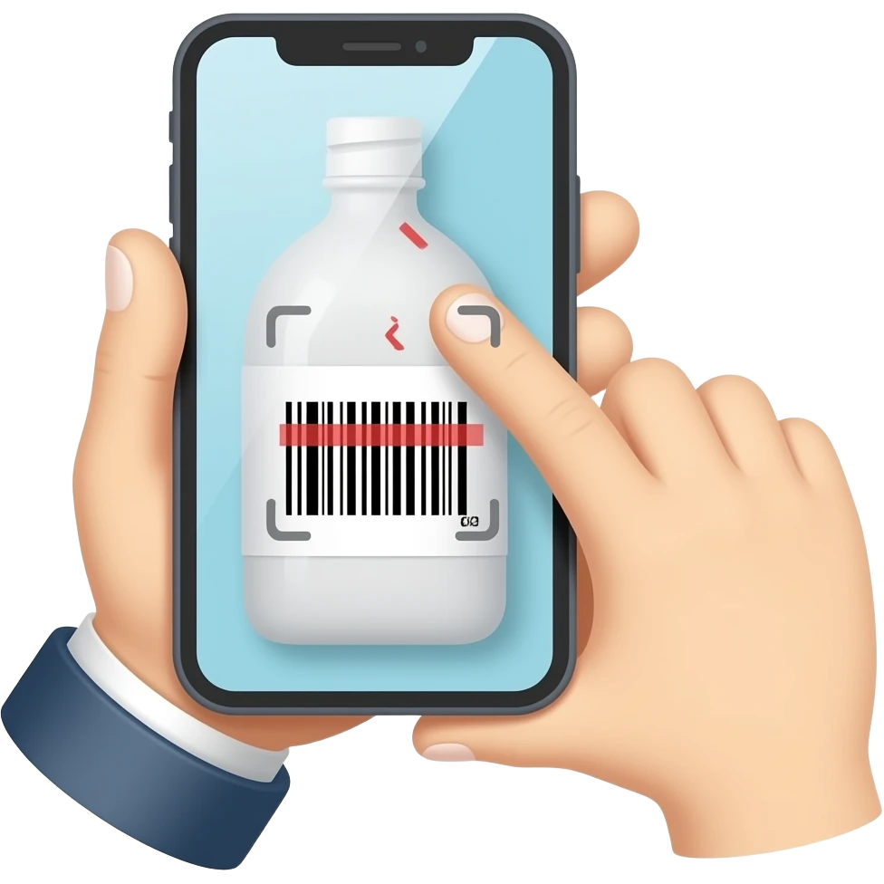 hand gripping a smartphone, phone camera pointed at a bottle with a barcode, scanning action, no text emoji