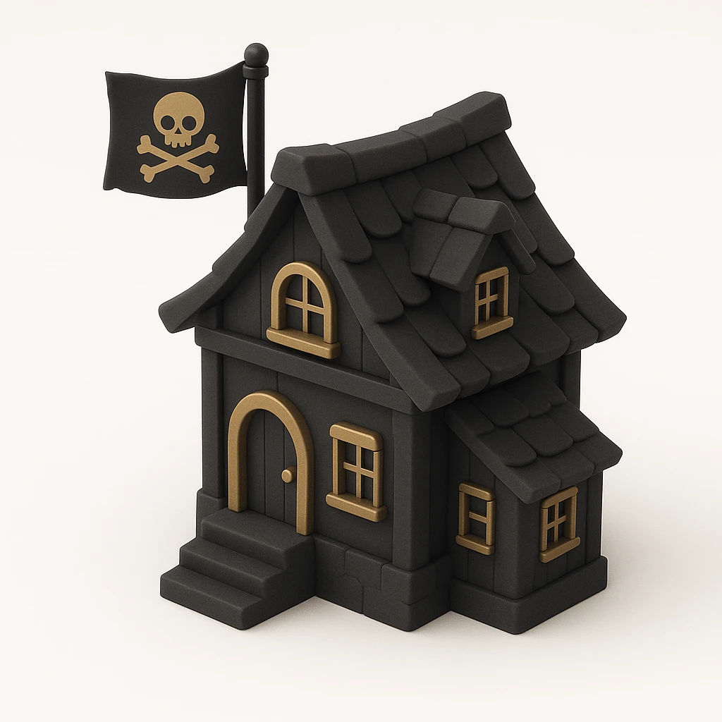 old pirate's house with skull flag emoji