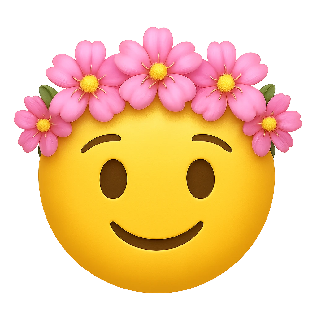 yellow face with pink flower crown emoji, digital illustration emoji