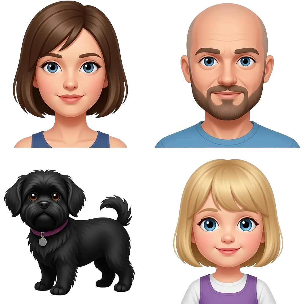 grey eyes woman with dark blond bob haircut and her boyfriend bald blue eye man with beard, her little shiatsu black dog and her 1 year daughter with man short blond hair emoji