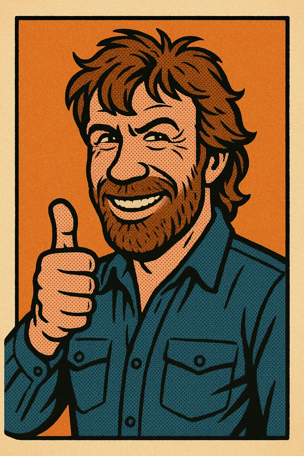 caricature of Chuck Norris, thumbs up gesture, wild hair, confident grin, cartoonish and lively emoji