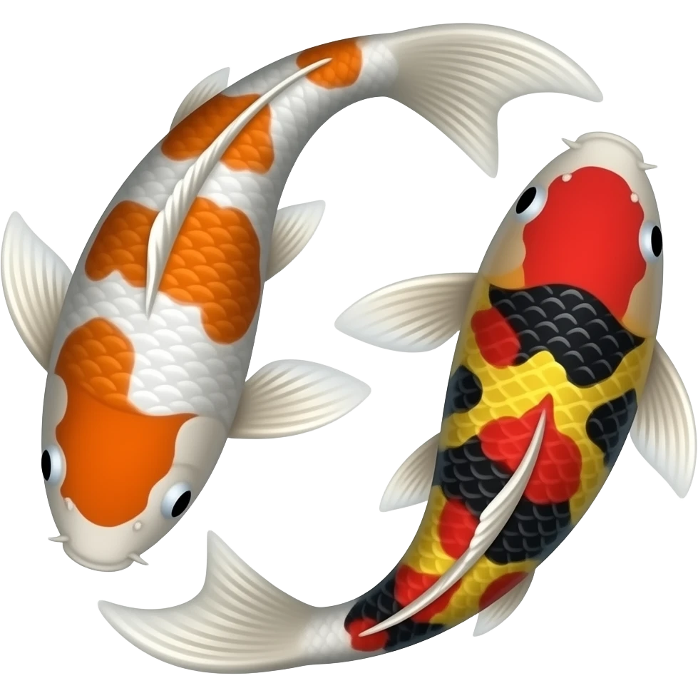 Two koi fish swirling, one orange and white, one red, yellow, and black emoji