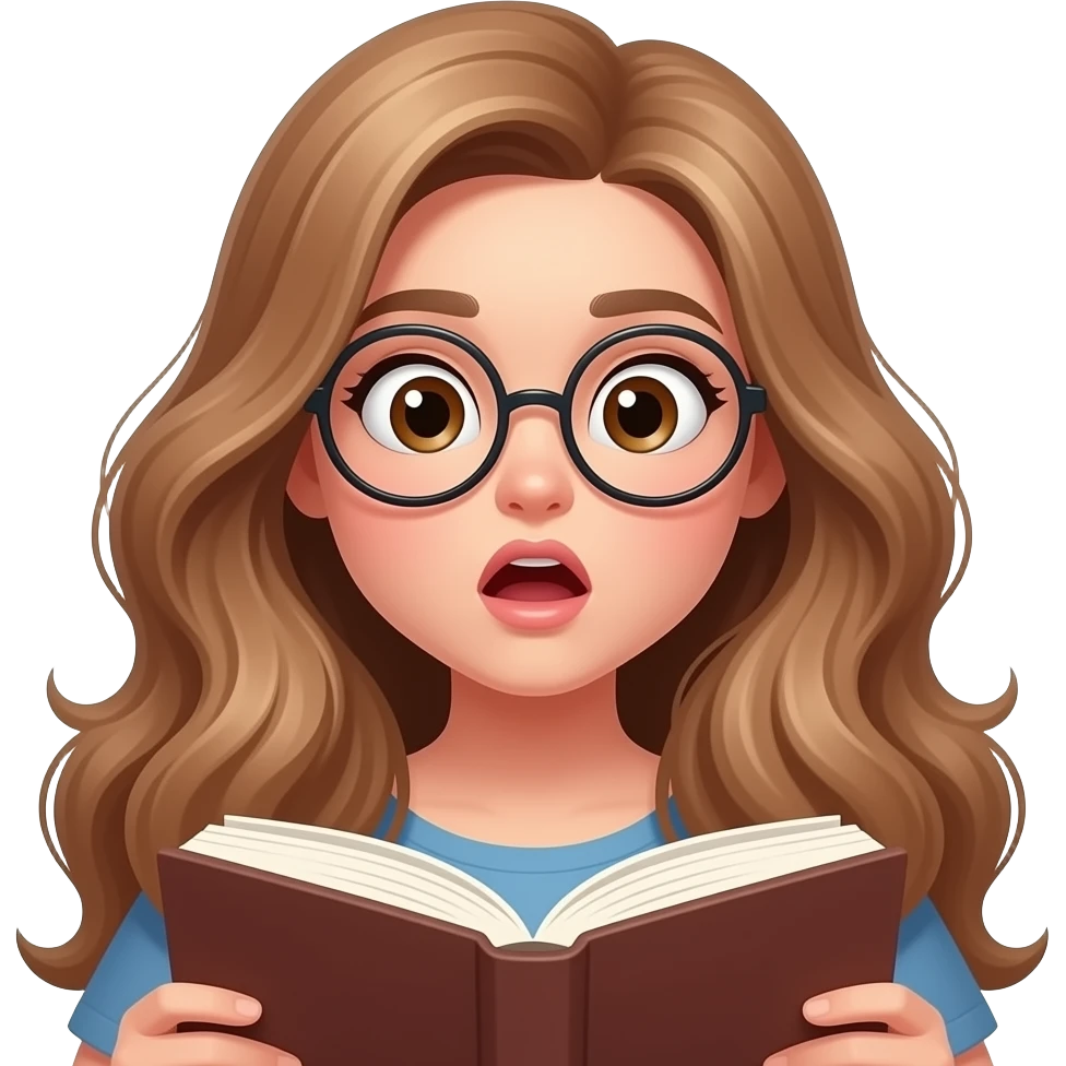 detailed emoji illustration of a curvy woman with long light brown wavy hair, light brown eyes and round glasses reading a book with a shocked expression, surprised by the story, cute emoji style emoji