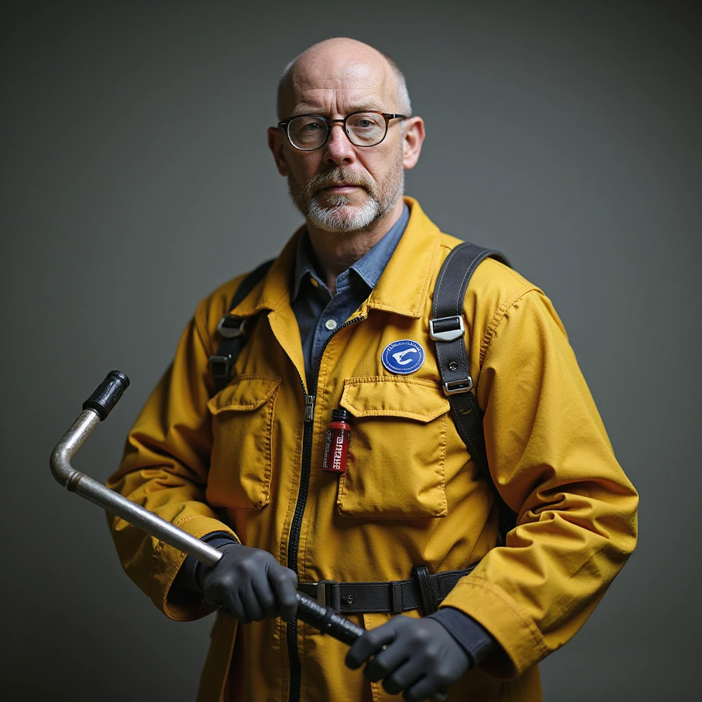 Walter White as Gordon Freeman, realistic style, wearing glasses, HEV suit, holding crowbar emoji