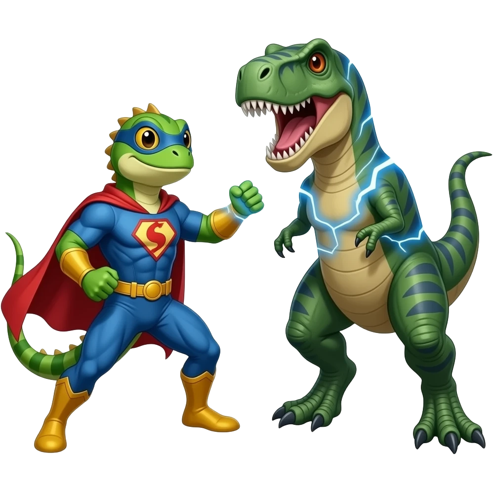 Japnese  Lizard superhero fights a lighting powered t rex villain emoji