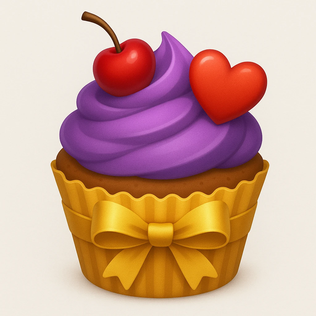 Add a gold ribbon and a heart-shaped candy to the cupcake with purple frosting and a cherry on top in emoji style. emoji