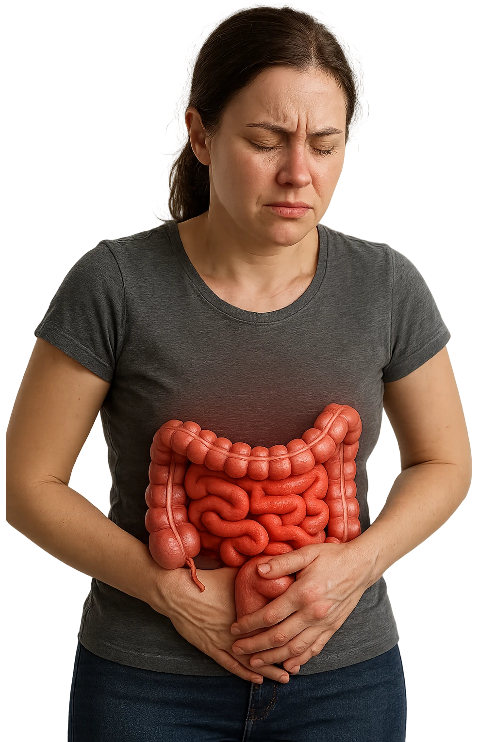 DONNA CON INTESTINO UMANO ANATOMICO IN EVIDENZA E MAL DI PANCIA, iperrealistico 4k, SFONDO BIANCO emoji