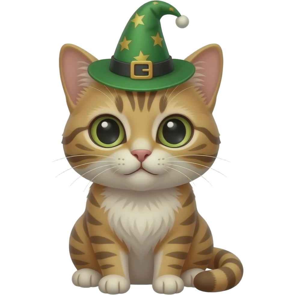 cat sitting pose front view wear green magician hat half body close up emoji