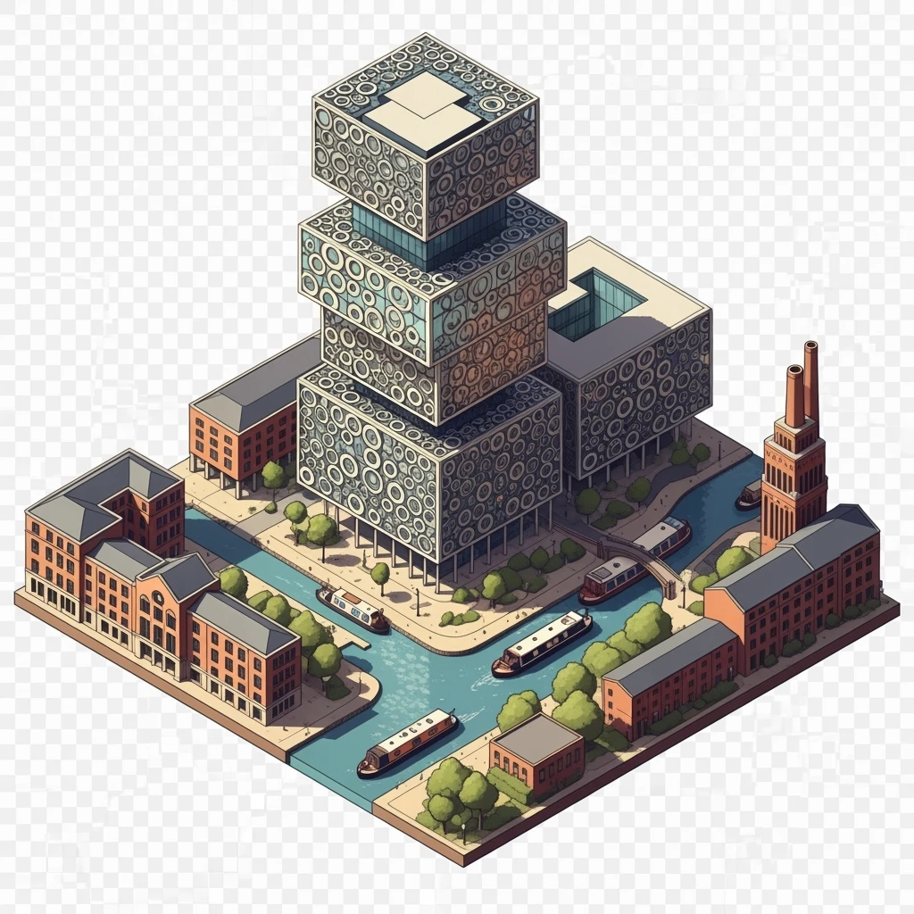 Isometric illustration of Birmingham, featuring the Library of Birmingham with its modern architecture and nearby canals, highly detailed in semi-realistic style, balanced between stylized and realistic, 3D miniature effect, transparent background. emoji
