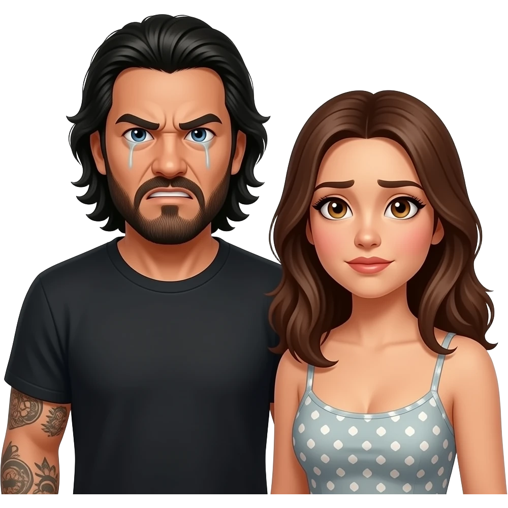A really sad but angry Latino husband with medium length hair and beard and tattoos found out his wife was cheating on him with a bald, red bearded guy, and his wife is beautiful with hazel eyes and shoulder length brown hair and their relationship is broken emoji