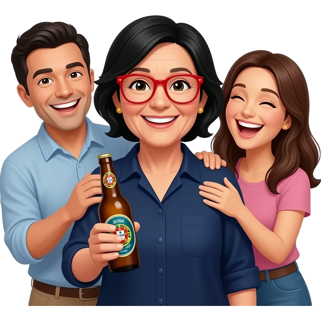 mulher, 60 anos, cabelo preto, olhos pretos , de óculos vermelhos, blusa azulão escuros, a segurar garrafa de cerveja com logo a dizer "Oh mãe, há só uma!" em português. No fundo, a rirem-se muito, quase que abraçados a rirem-se, homem 40 anos, cabelo escuro, mulher 35 anos cabelo castanho. emoji