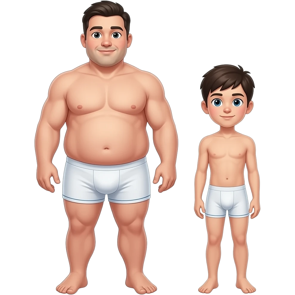 Strong tall fat boy, big dick, full body, fat, boy in white boxers, standing next to a short weak thin boy emoji