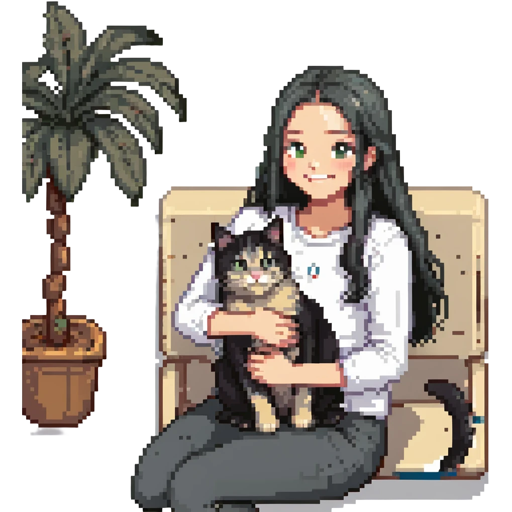 beautiful girl with long black hair smiling petting a gray and blonde mixed cat on her lap, pixel art style emoji