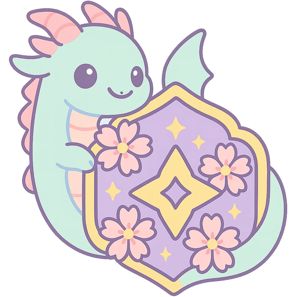 Add a stylized anime-inspired elegant and dynamic dragon wrapping around or behind the badge, keeping the same Japanese crest shape, gold border, sakura flowers, ninja star, and sparkly effects. The style should be anime-inspired, fitting the kawaii style with a transparent background. Sized for Twitch or Discord use. emoji