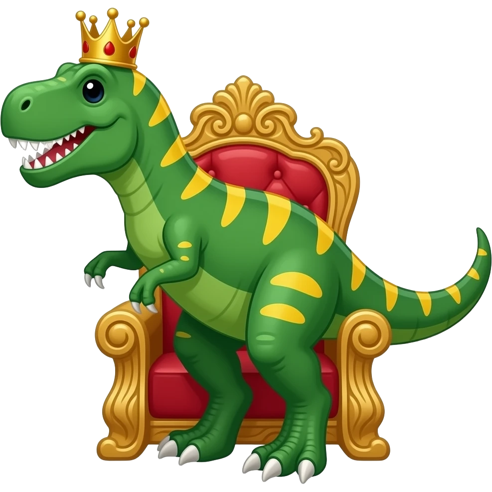 Un T-Rex de color verde con patrones amarillos y una corona y en un trono emoji