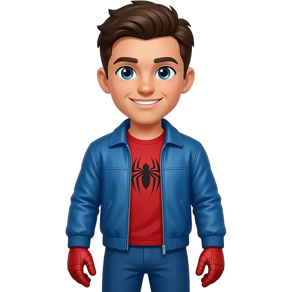 A guy that has white eyes and triangle shaped eyes blue pants red gloves blue jacket and red T-shirt with a spider logo emoji