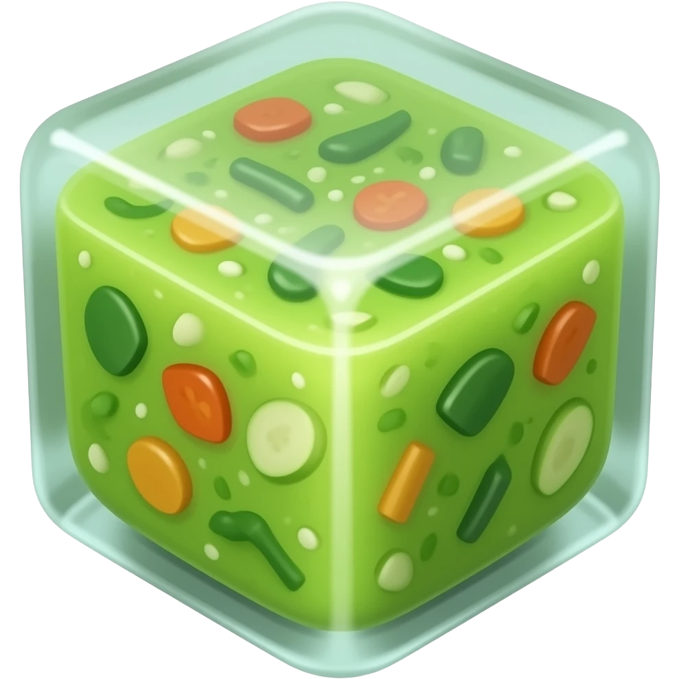 A Soup but frozen in a cube. Blend the Cube with the soup. Add some veggies. The ice cube should be the soup and there should be no ceramic. Get the outwards of the icecube to match the color of the inner soup content. Green toned emoji