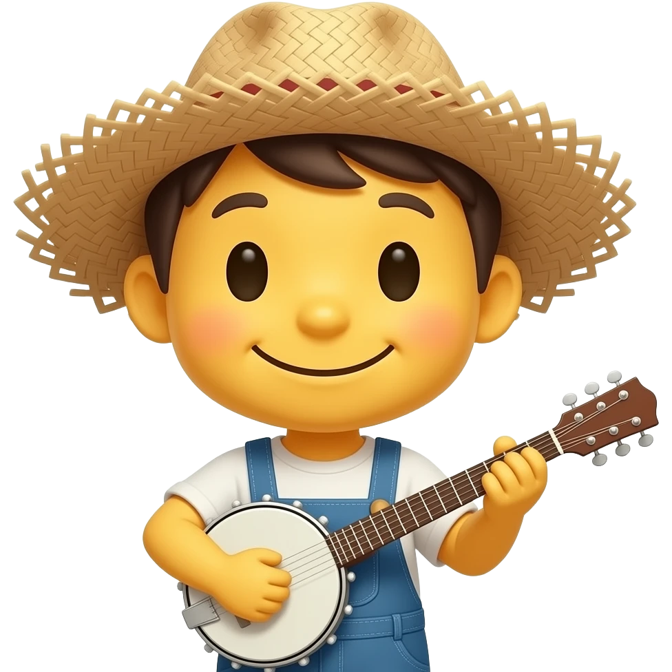 Little mini yellow emoji smiling, mouth closed, wearing messy straw hat playing banjo, wearing coveralls, eyes closed emoji