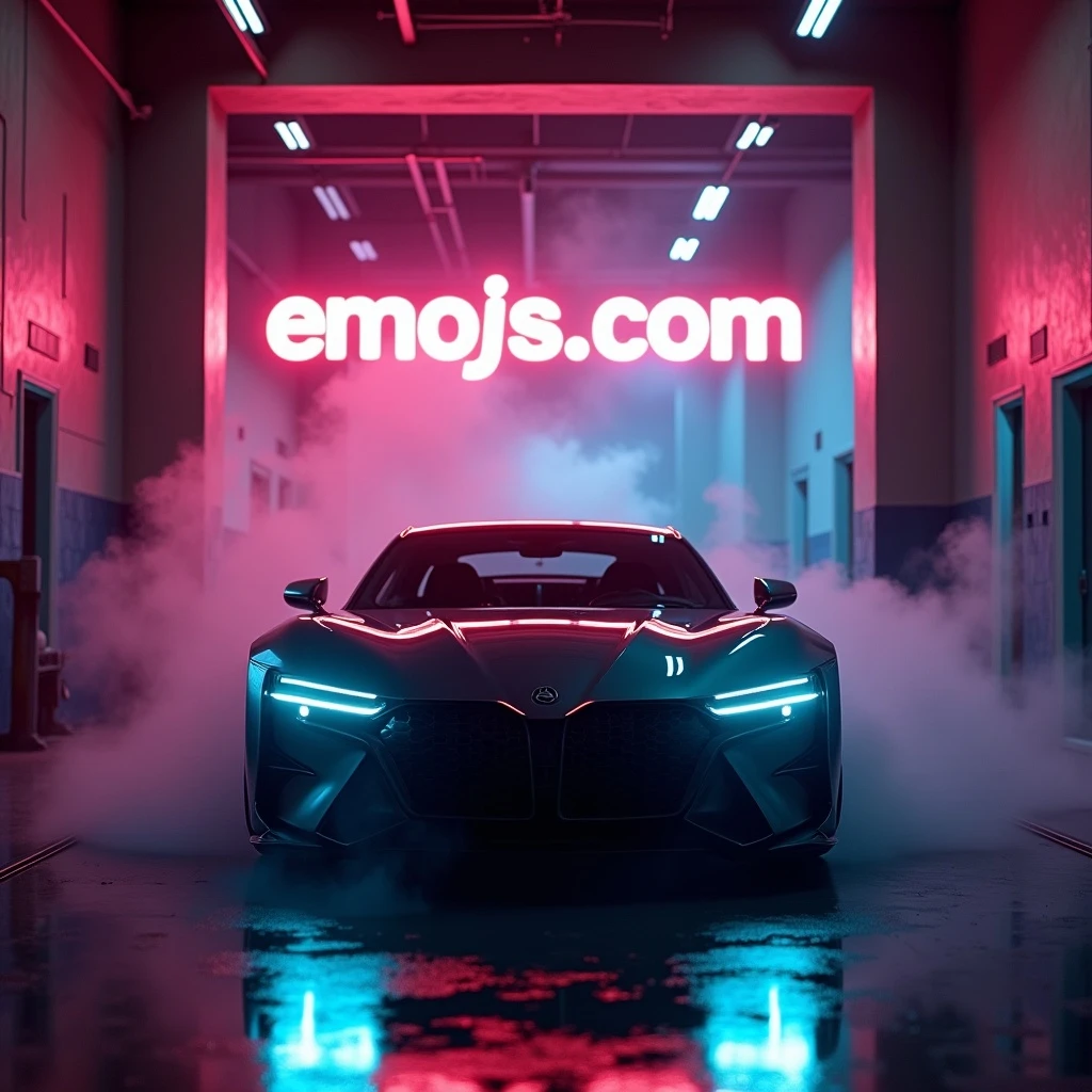 Cinematic still of a futuristic car parked front to camera inside neon garage with led behind saying "emojis.com", room fill with haze, very detailed and futuristic ,inspired by cyberpunk 2077 emoji