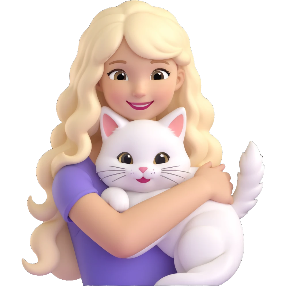 smiling girl with long blonde hair, white fluffy cat curled around her neck and left shoulder, emoji for messaging apps emoji