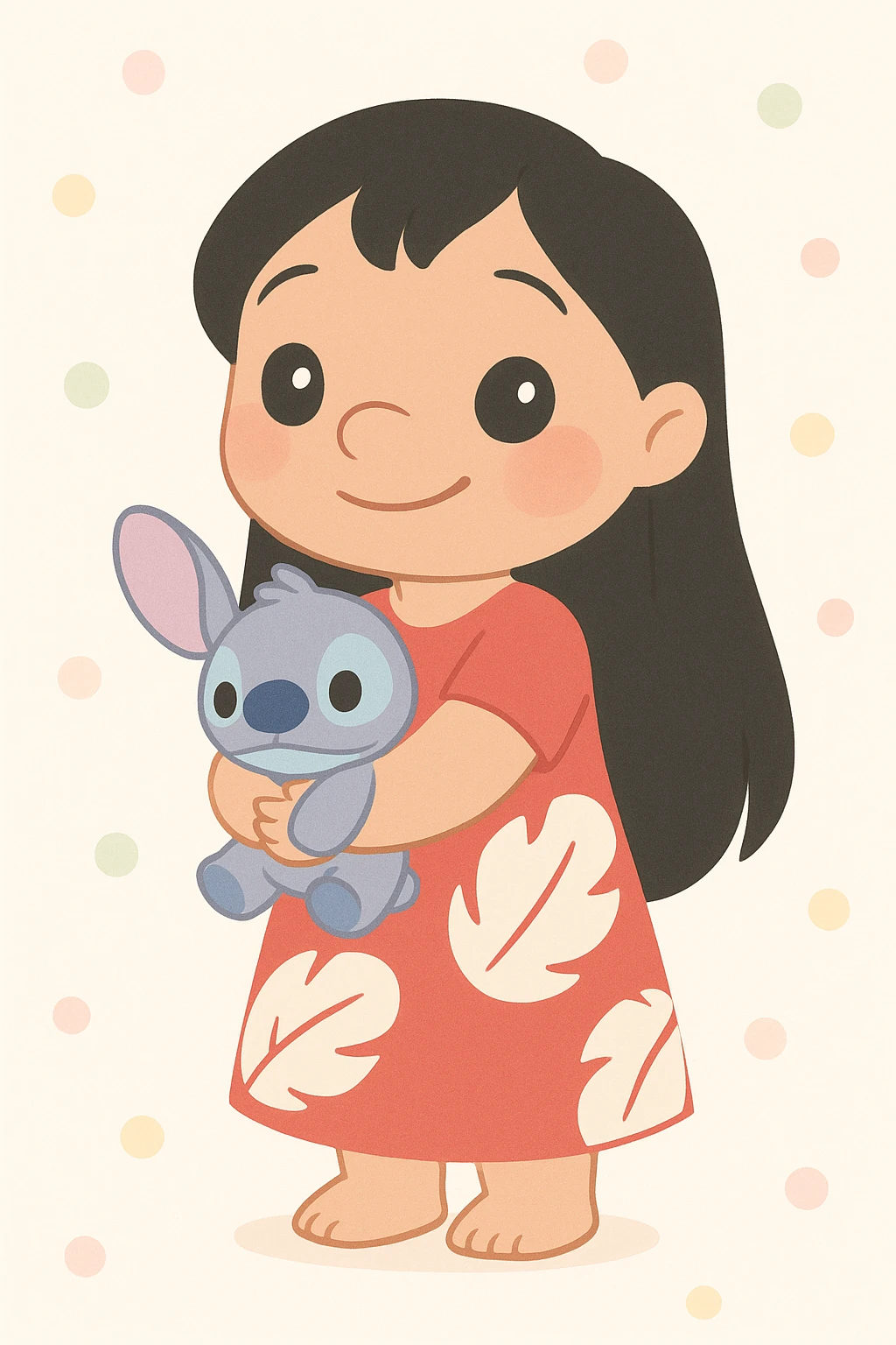Lilo from Lilo & Stitch as a cute cartoon character, full body, smiling, wearing her red dress with white leaf pattern, holding a plush toy, friendly and colorful style emoji