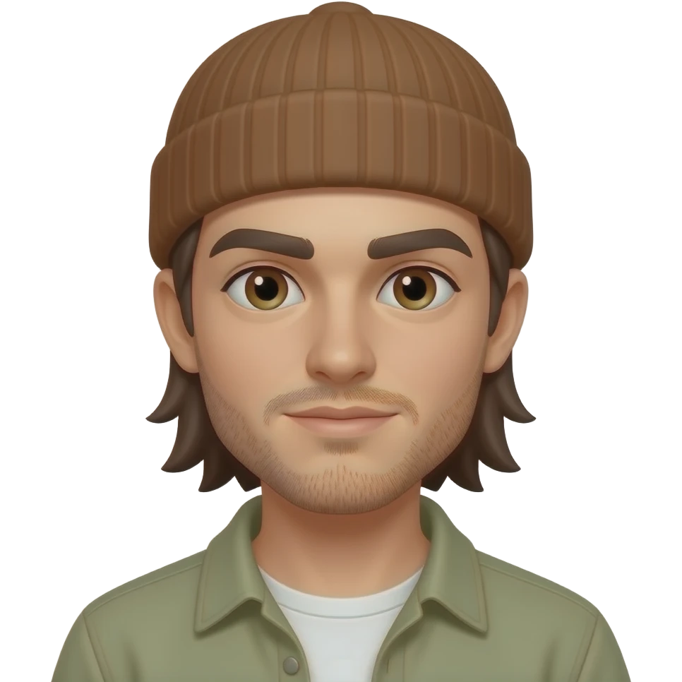 Skinny physique, dark brown thick eyebrows, straight shoulder length long dark brown hair man, hazel eyes, very scruffy 5 oclock shadow with beanie skateboarder emoji