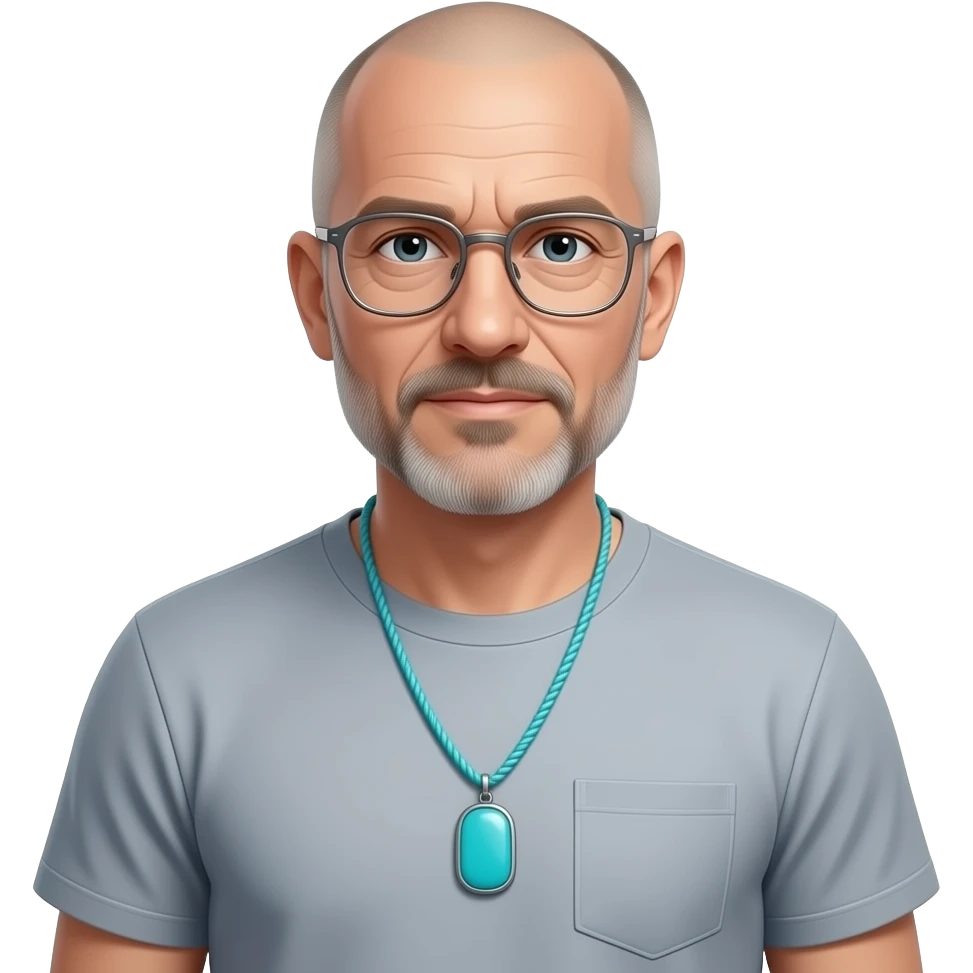 Turquoise pendant on paracord t shirt sad almost bald shaved short hair full-length photo of extreme streetwear clean-shaven face cool boy thin metal-framed glasses ery entellectual man, 60 years old, street wear stubble, shaved short with clippers emoji