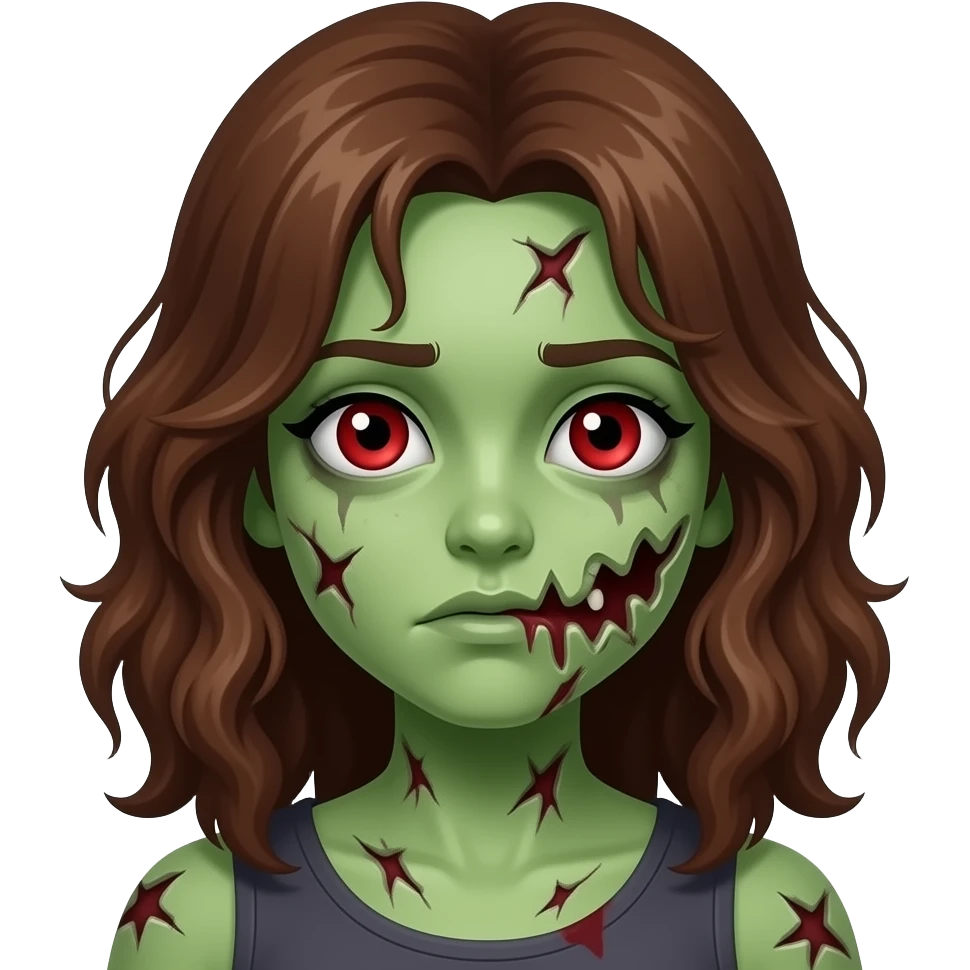 uma menina zumbi de pele verde e estragada com cabelo marrom ondulado e olhos vermelhos emoji