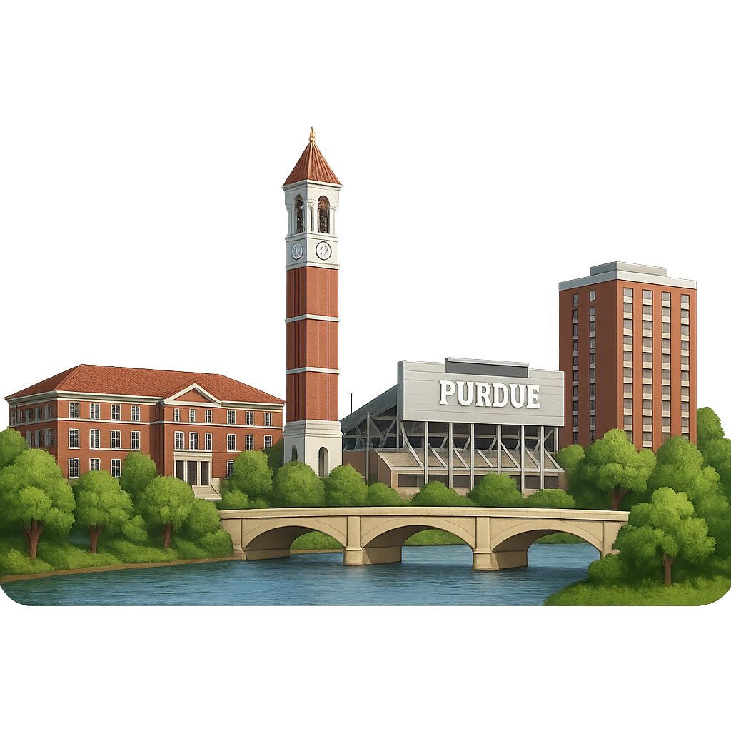 Make the buildings in the West Lafayette, Indiana emoji more realistic with lifelike architectural detail and accurate proportions. Keep the straight-on angle and wide city view including the Purdue University campus, Purdue Bell Tower, Ross-Ade Stadium, and Wabash River. Use accurate colors and bright daytime lighting. The background should be fully transparent with no sky, no clouds, and no city name label. Maintain the style consistent with previous realistic city emojis. emoji