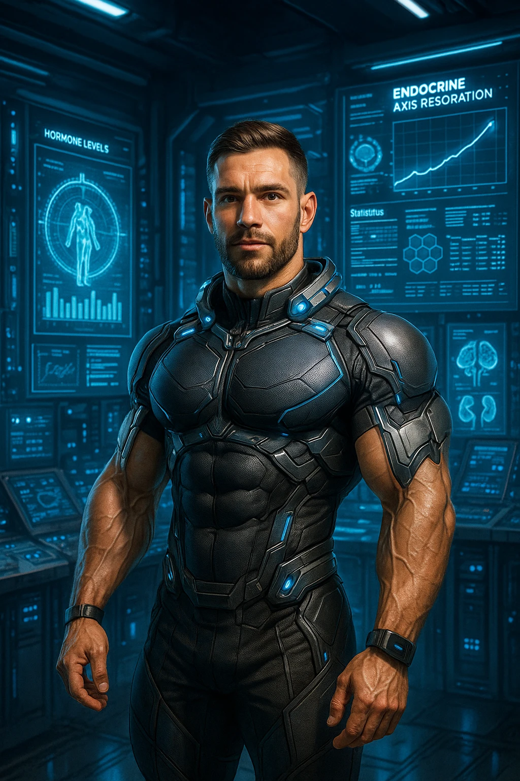 "Un uomo bodybuilder (30-35 anni) in un laboratorio biohacker futurista, circondato da ologrammi che mostrano il ripristino vigoroso del suo asse endocrino dopo una PCT di successo. in italiano emoji