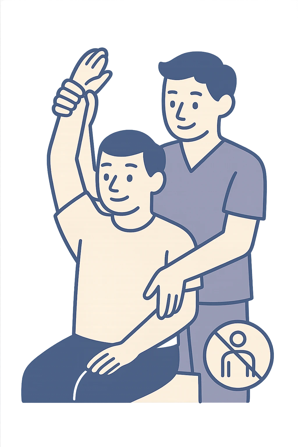 vertical illustration of a person doing passive arm stretching with a physiotherapist, with a symbol indicating not recommended for postural asymmetry, educational style, no background emoji