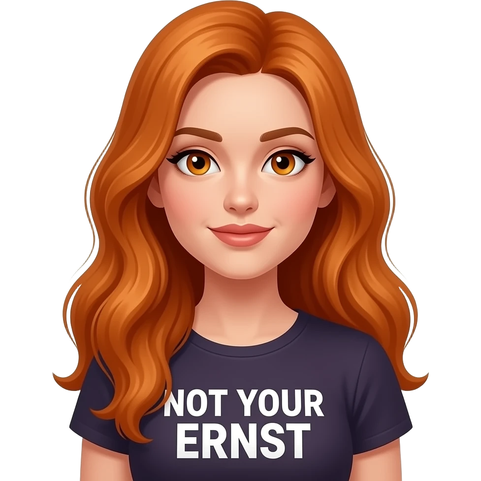 sexy girl with long ginger hair and ginger eyes a top with NOT YOUR ERNST written on it emoji
