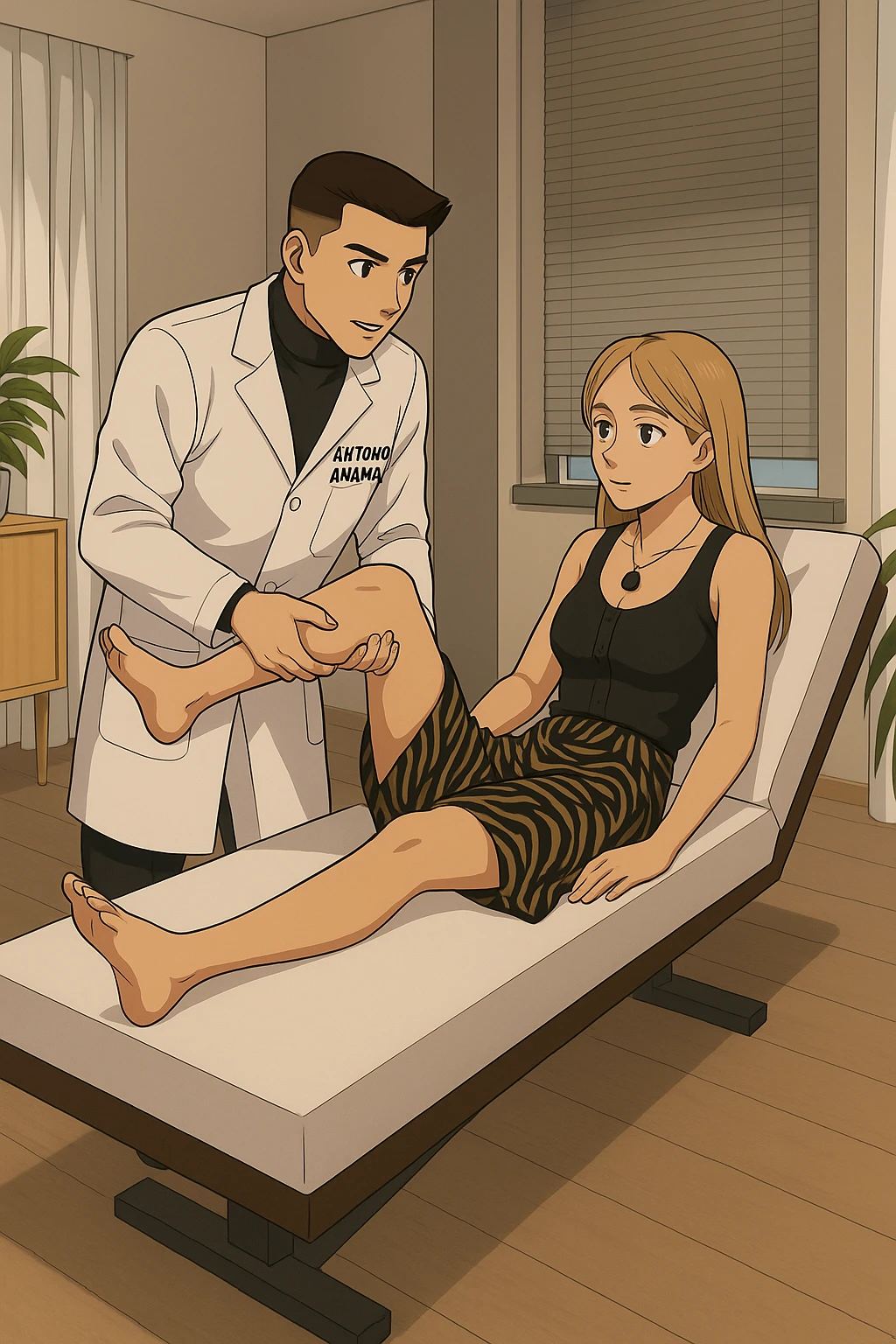 fai un webtoon/manga a colori con questo kinesiologo in camice bianco (fagli la scritta "ANTONIO ANANIA" SUL CAMICE) CHE SVOLGE UN TEST NEUROMUSCOLARE SOLLEVANDO UNA GAMBA ALLA RAGAZZA CHE è STESA SU UN LETTINO BIANCO. STANZA SEMPLICE E MODERNA, DURANTE IL TEST I DUE DIALOGANO TRA LORO. NON FARE I FUMETTI, FAI SOLO LORO COME SE DIALOGASSERO emoji