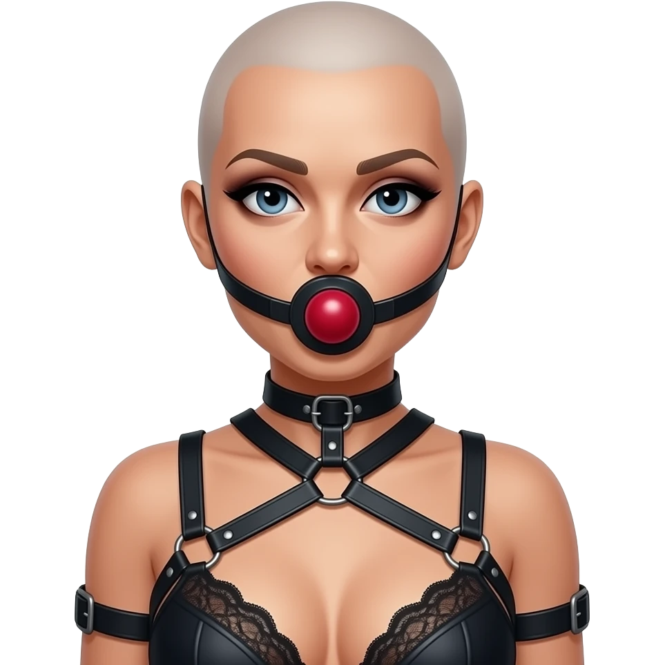 bondage bald lipstick eye shadow smokey eyes makeup bra 50 years old gag ball tied up harness feminized emoji