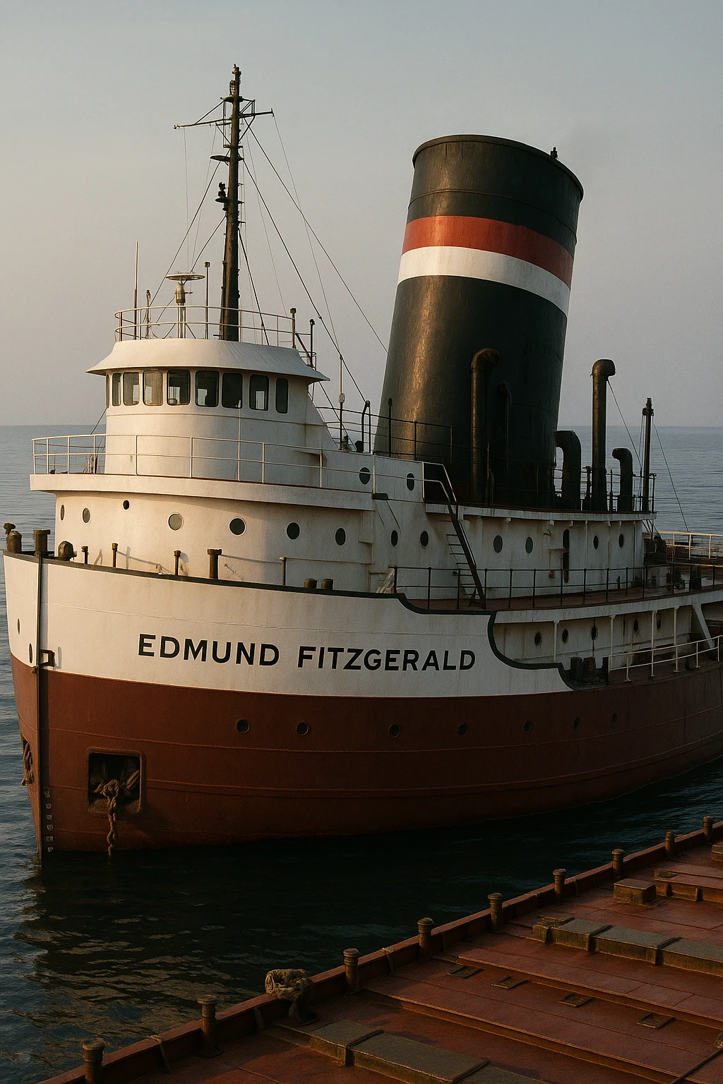 the Edmund Fitzgerald ship, close-up, showing deck and smokestack emoji