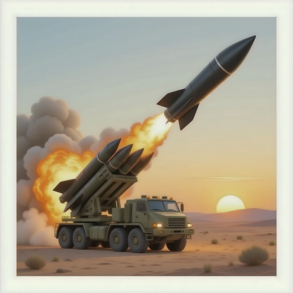 Cinematic,  wide shot of a multi-tube hypersonic rocket launcher vehicle, parked on a desert plateau at sunset, launching a sleek matte black missile, leaving a fiery orange, distorted hypersonic shockwave trail, Mach 5 speed, high military detail, 8k, RTX on, dramatic lighting, volumetric smoke, emoji