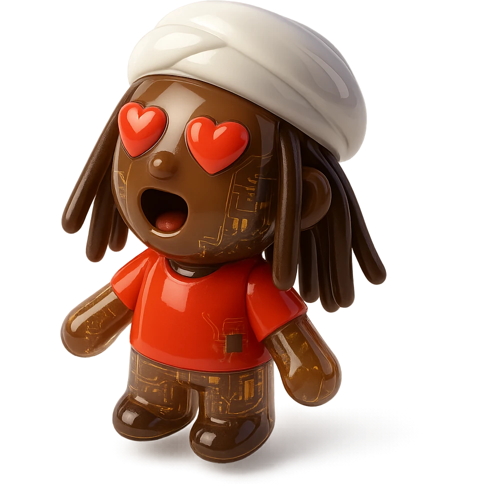 Brownskin man with long brown dreadlocks 
red t-shirt 
white turban 
expression is in love 
his eyes mouth open  emoji