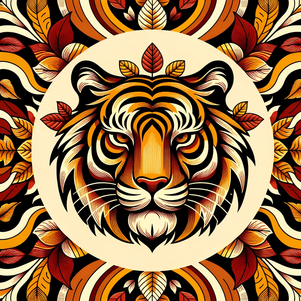 design background, tiger stripes pattern in warm autumn palette (burnt orange, golden yellow, deep red, brown), bold seamless print, modern fashion style, isolated graphic, transparent background emoji