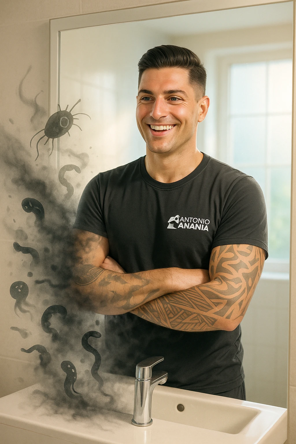 a man stands, looking relieved and revitalized as he examines his reflection in the mirror. In the foreground, stylized, shadowy images of parasites (such as worms or protozoa) are shown leaving his body, dissolving into mist or fading away. His posture is upright and his expression is one of newfound energy and health. emoji