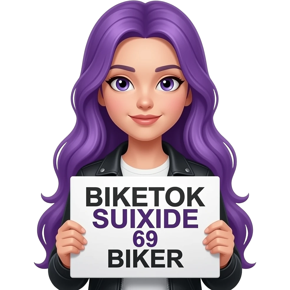 girl with long purple hair with a BIKETOK SUIXIDE 69 BIKER sign emoji