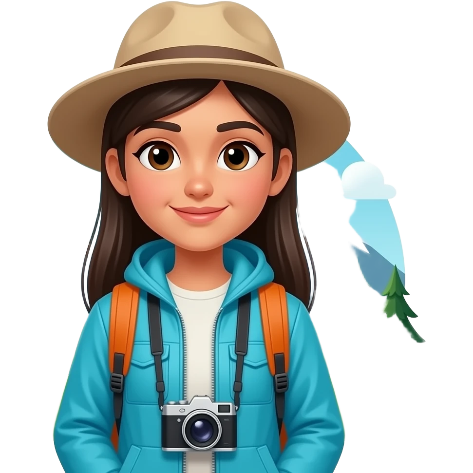 Indian girl backpacker with cyan blue jacket an orange backpack, long straight hair with a khaki wide brim sun hat with a mountain and pine trees background and a camera around her neck emoji