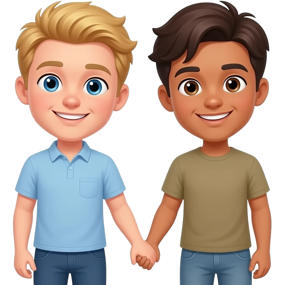 Make a young gay couple on a Date , one has light Skin with Blond Hair and Blue Eyes, the other one has slightly brown skin witz dark Brown Hair and Brown Eyes. They are in love. emoji