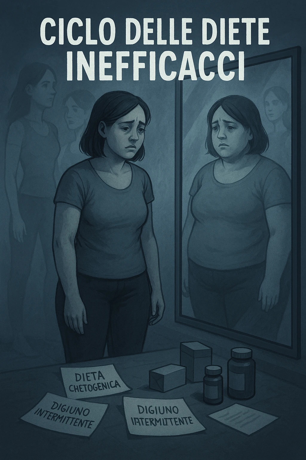 Donna tra i 30 e i 40 anni, in piedi davanti a uno specchio, con espressione delusa e stanca. Accanto a lei, sul pavimento, scatole di integratori, foglietti con scritte tipo 'Dieta chetogenica', 'Digiuno intermittente', 'Dieta ipocalorica'. Riflesso nello specchio mostra una versione di sé con peso aumentato, come se fosse tornata indietro nel tempo. Attorno a lei, immagini sbiadite o sovrapposte di sé in passato, quando era dimagrita. Atmosfera emotiva, simbolica, con luce fredda e sfumature di frustrazione. Messaggio visivo forte: 'ciclo delle diete inefficaci' in italiano emoji
