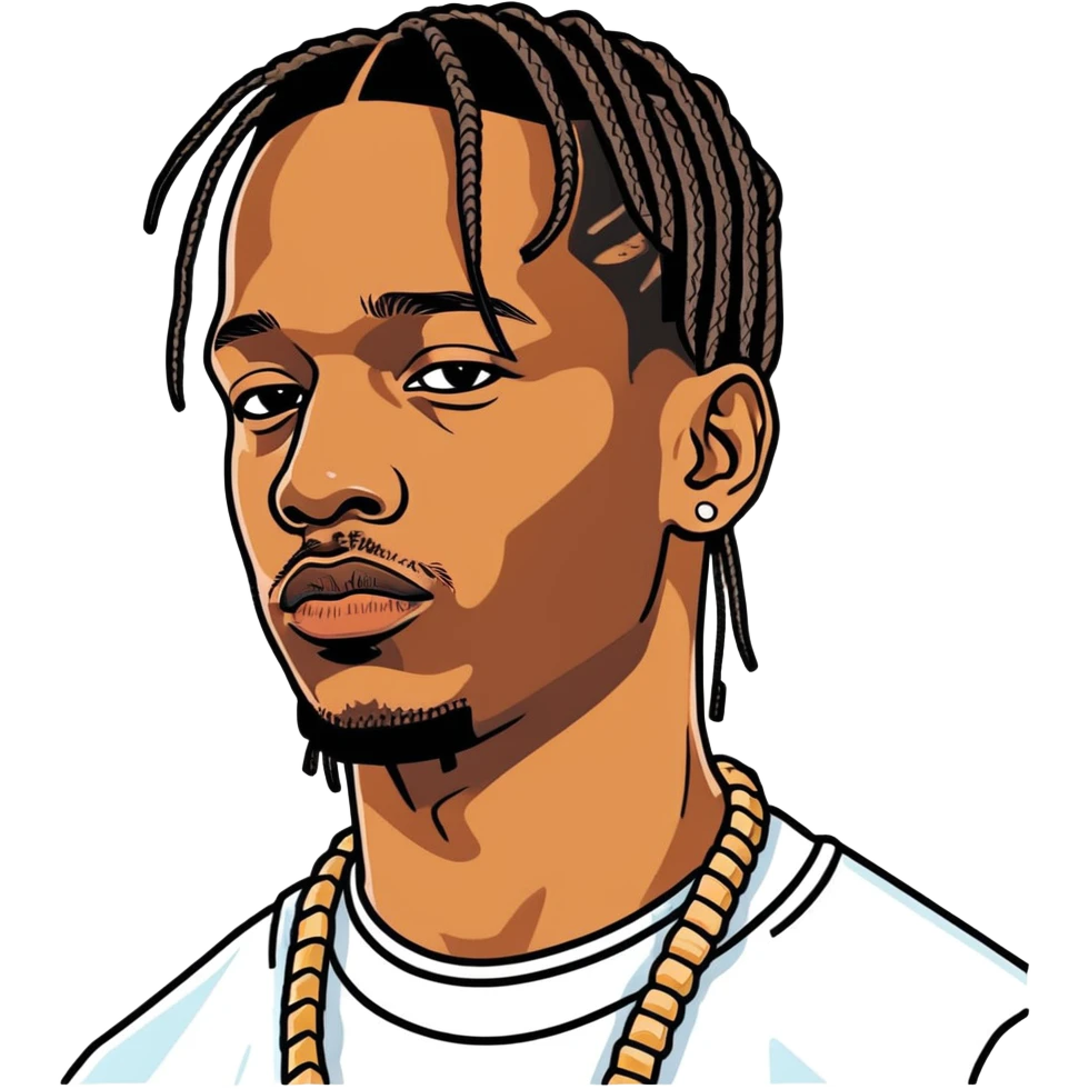 Travis Scott celebrity and rapper, hperrealistic, mirco-detailed, vivid, bold colo=s, 3D sticker design
 Must be 8k hd, 8000x8000px resolution. Must use very thin transparent smooth lones emoji