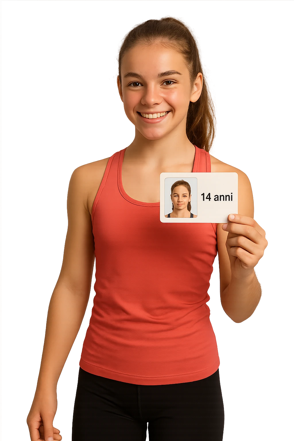 donna fitness di 14 anni, con in mano un documento di identità con la sua foto e la scritta 14 anni emoji