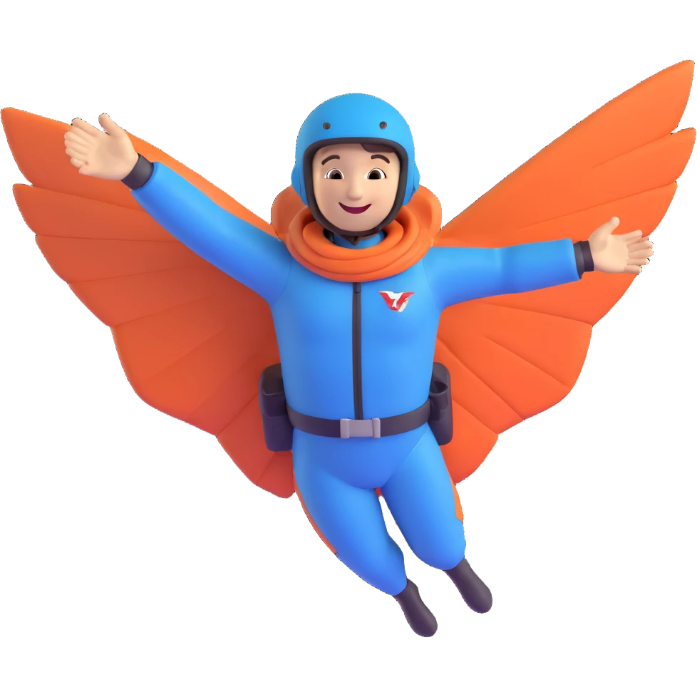 skydiver in a wingsuit, arms spread, blue sky background, smiling emoji